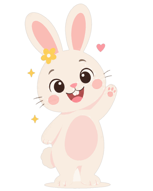 Illustration of the Cheer Champ: a white rabbit with a yellow flower, waving.