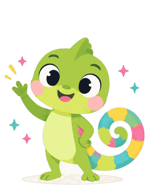 Illustration of the Special Spark: a green chameleon with a rainbow-coloured curled tail.