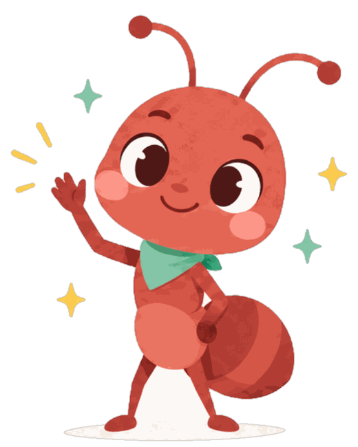 Illustration of the Tidy Titan: a red ant with a green neckerchief, waving.