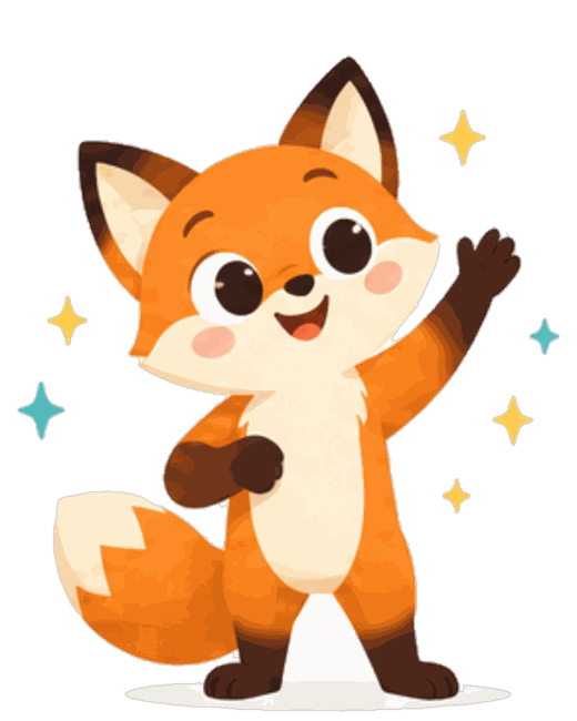 Illustration of the Wonder Wanderer: a friendly orange fox with a big bushy tail, waving.