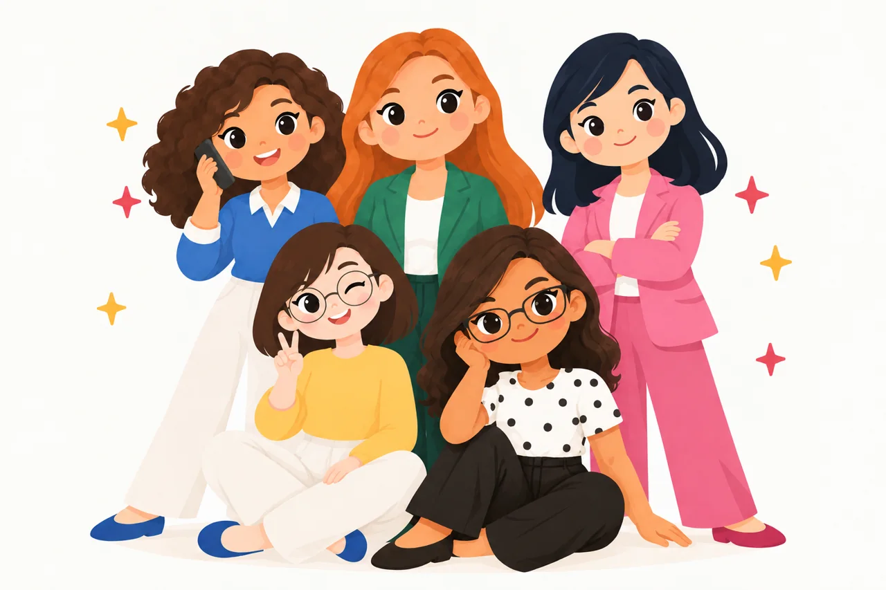 Illustrated group portrait of the five Bigsun team members smiling together.