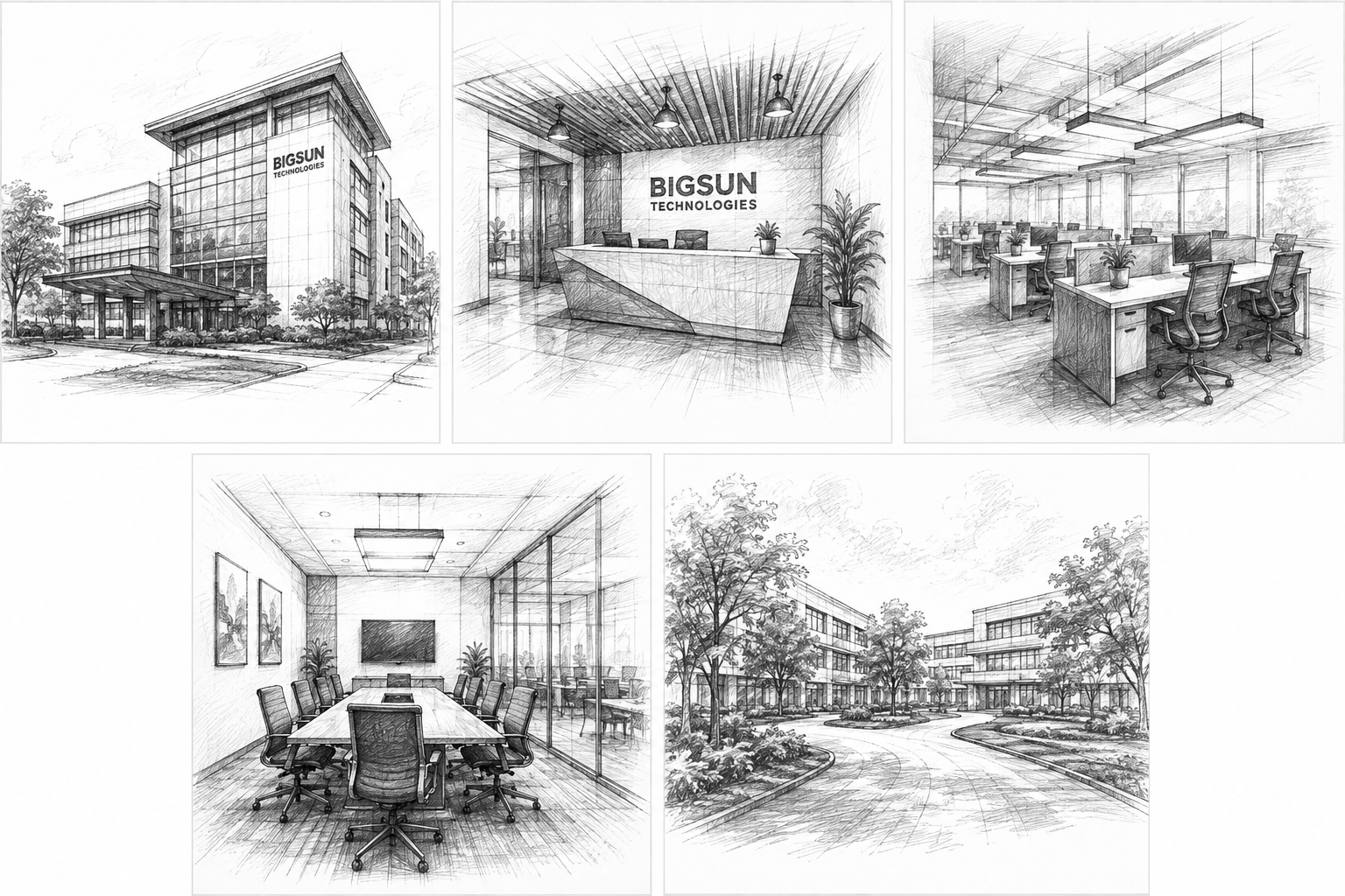 Architectural sketch of the Bigsun Technologies office in Navi Mumbai, Maharashtra, showing the exterior, reception, workspace and meeting room